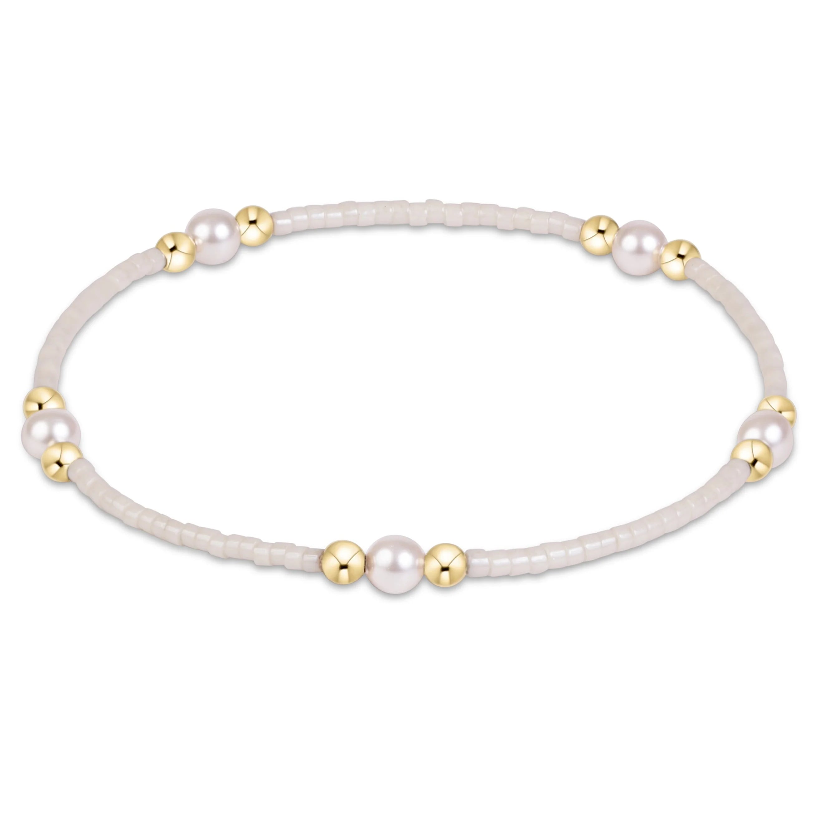 Hope Purpose pearl bracelet with light pink beads, white pearls, and gold-tone spacers