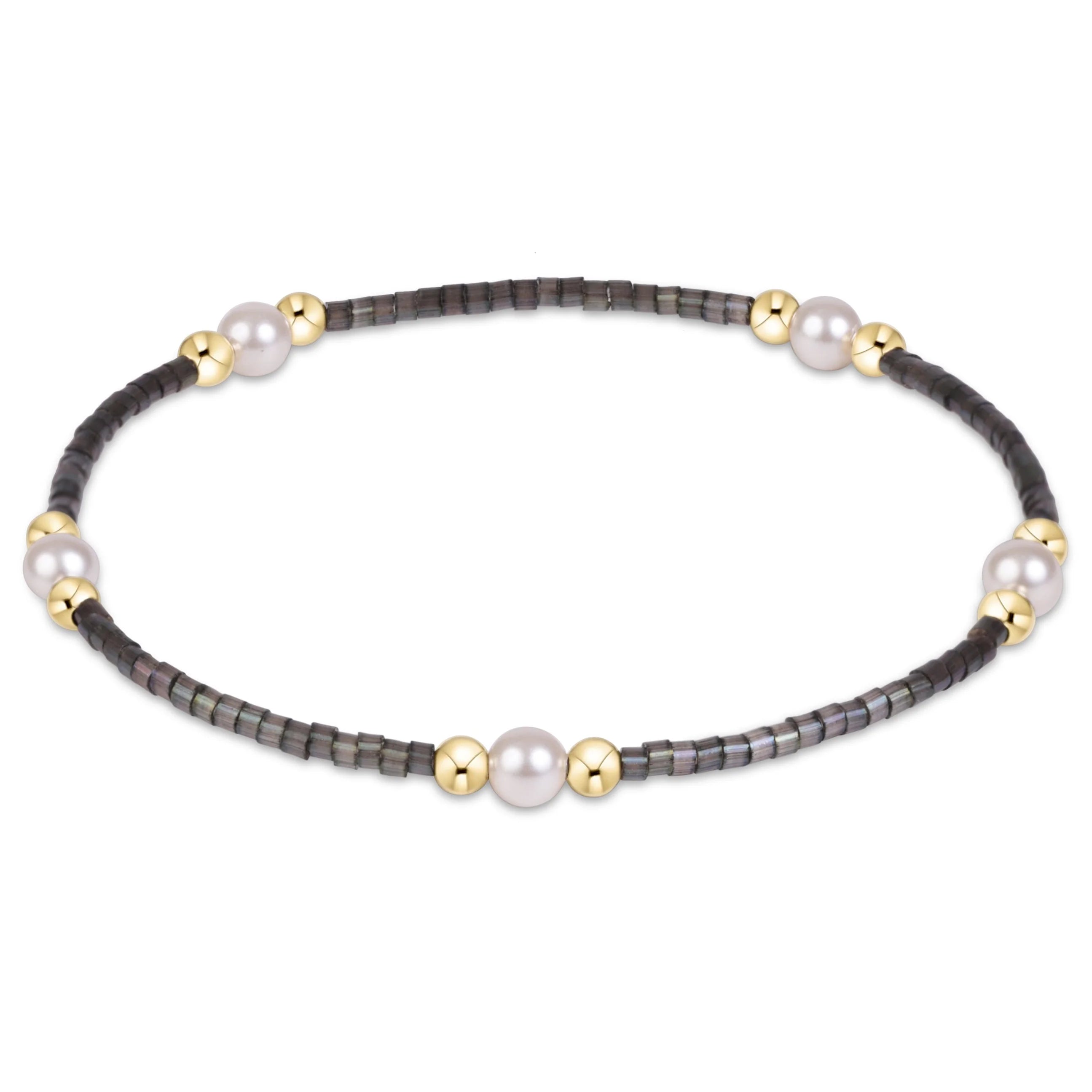 Pearl and gold bead bracelet with dark heishi beads and gold round spacers