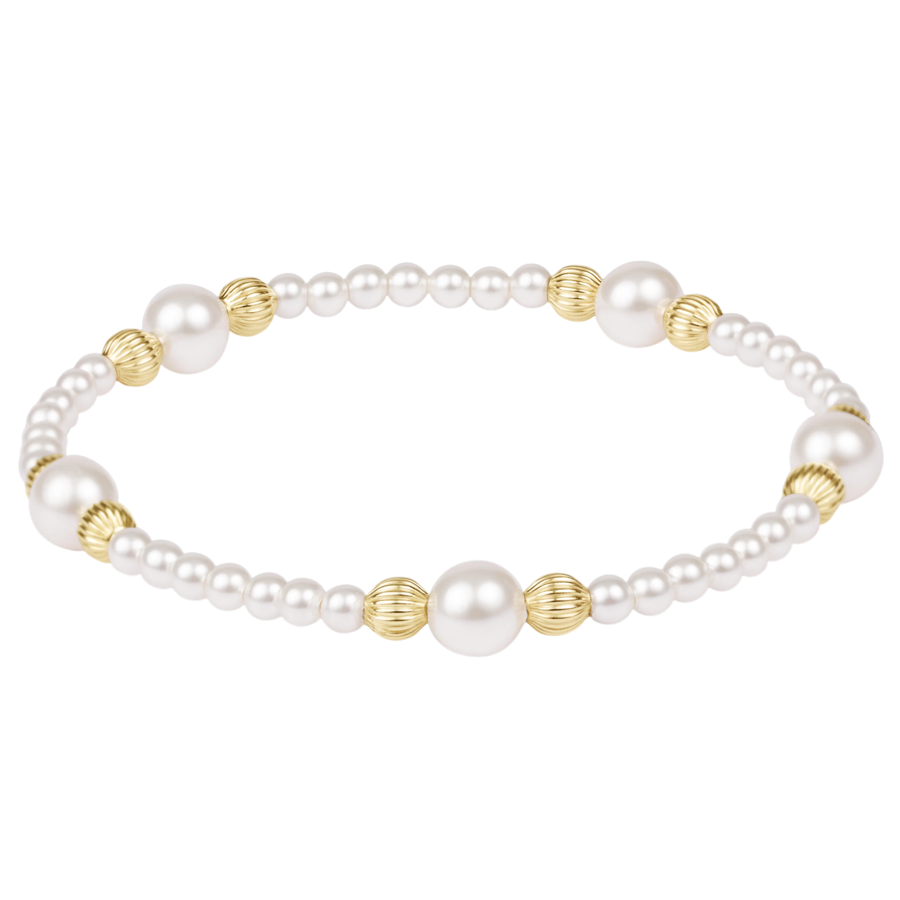 Purpose pearl bracelet with 6mm white pearls and gold-tone ridged spacers