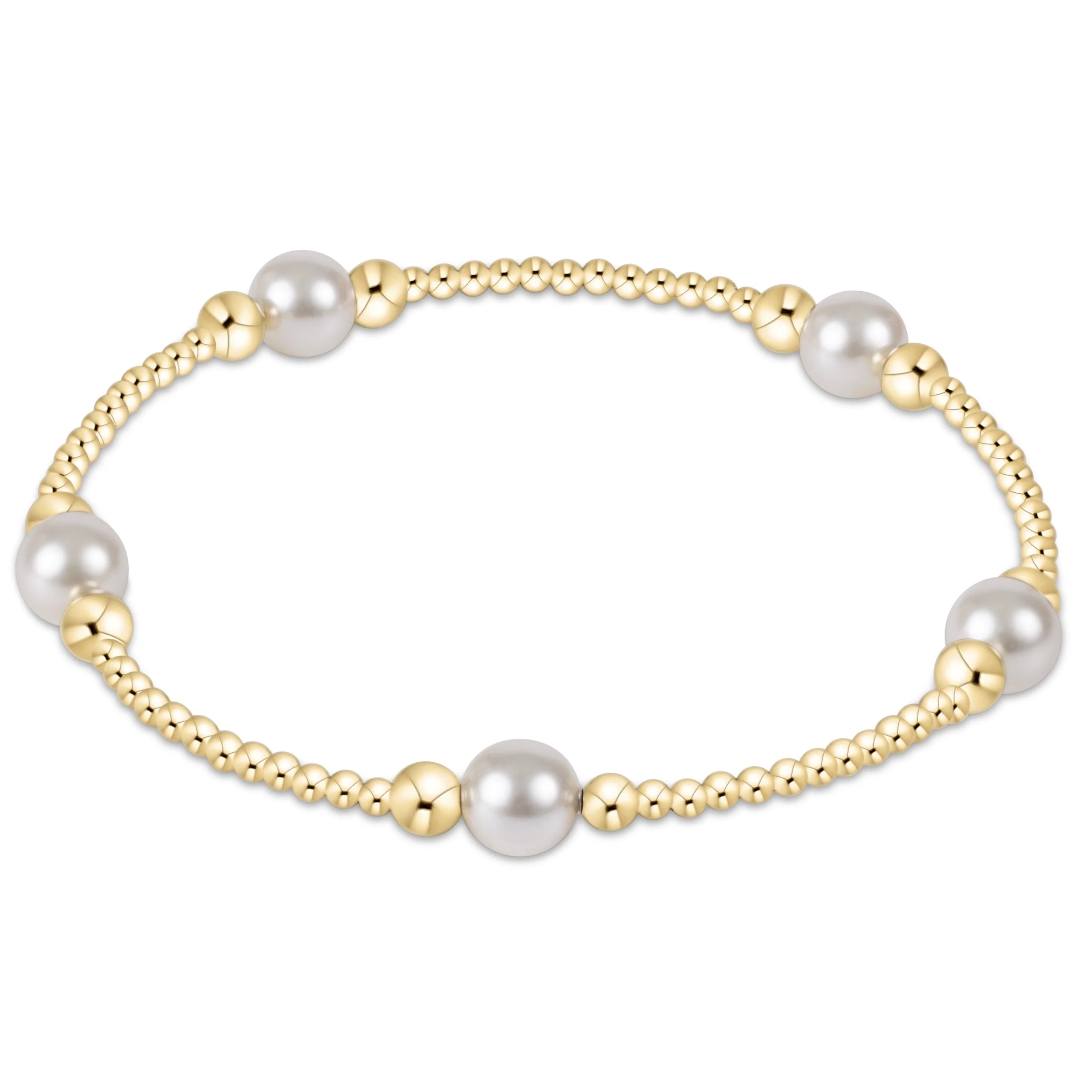 Gold beaded pearl bracelet with round white pearls and gold spacer beads