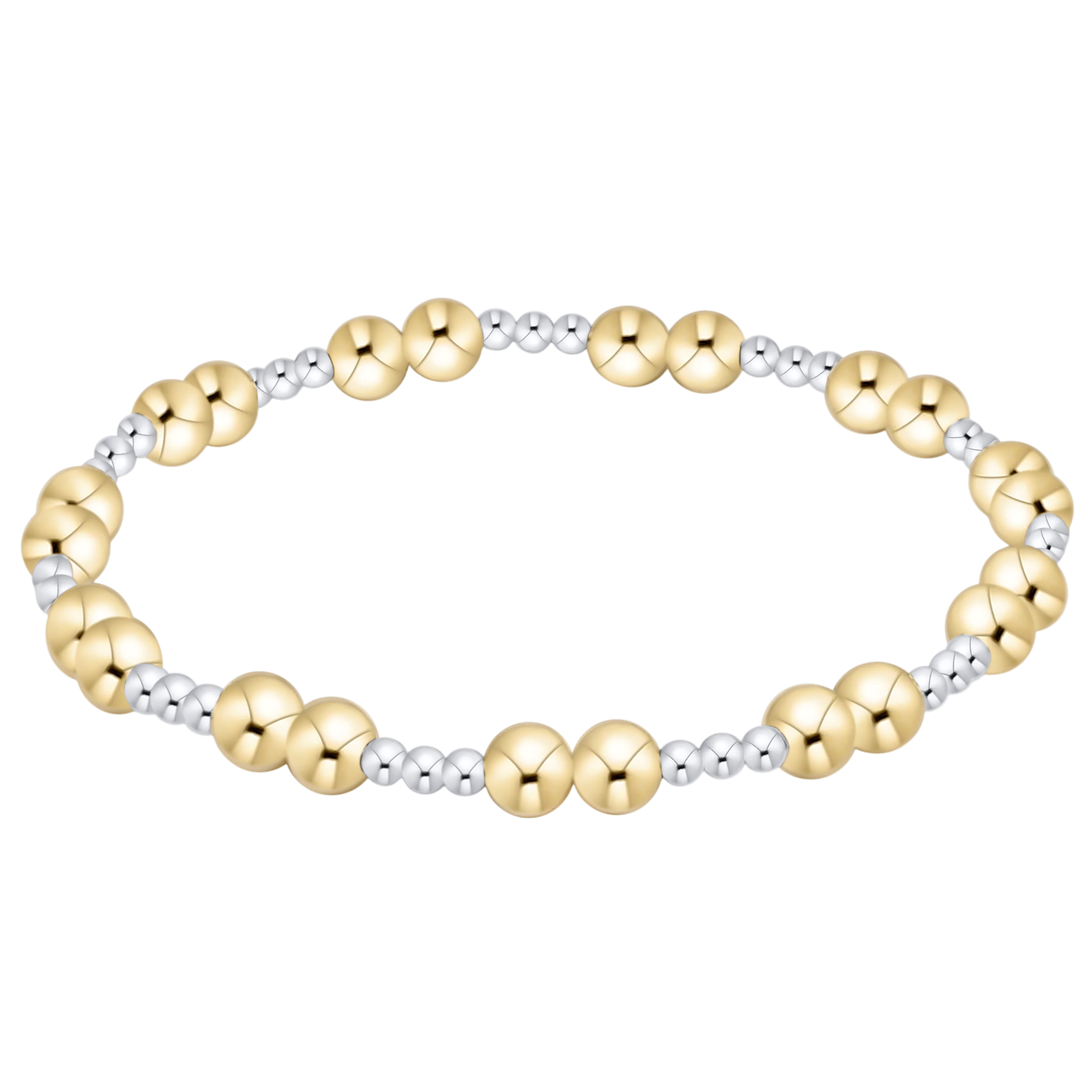 Mixed-metal beaded bracelet with gold- and silver-tone round beads, 5mm width.