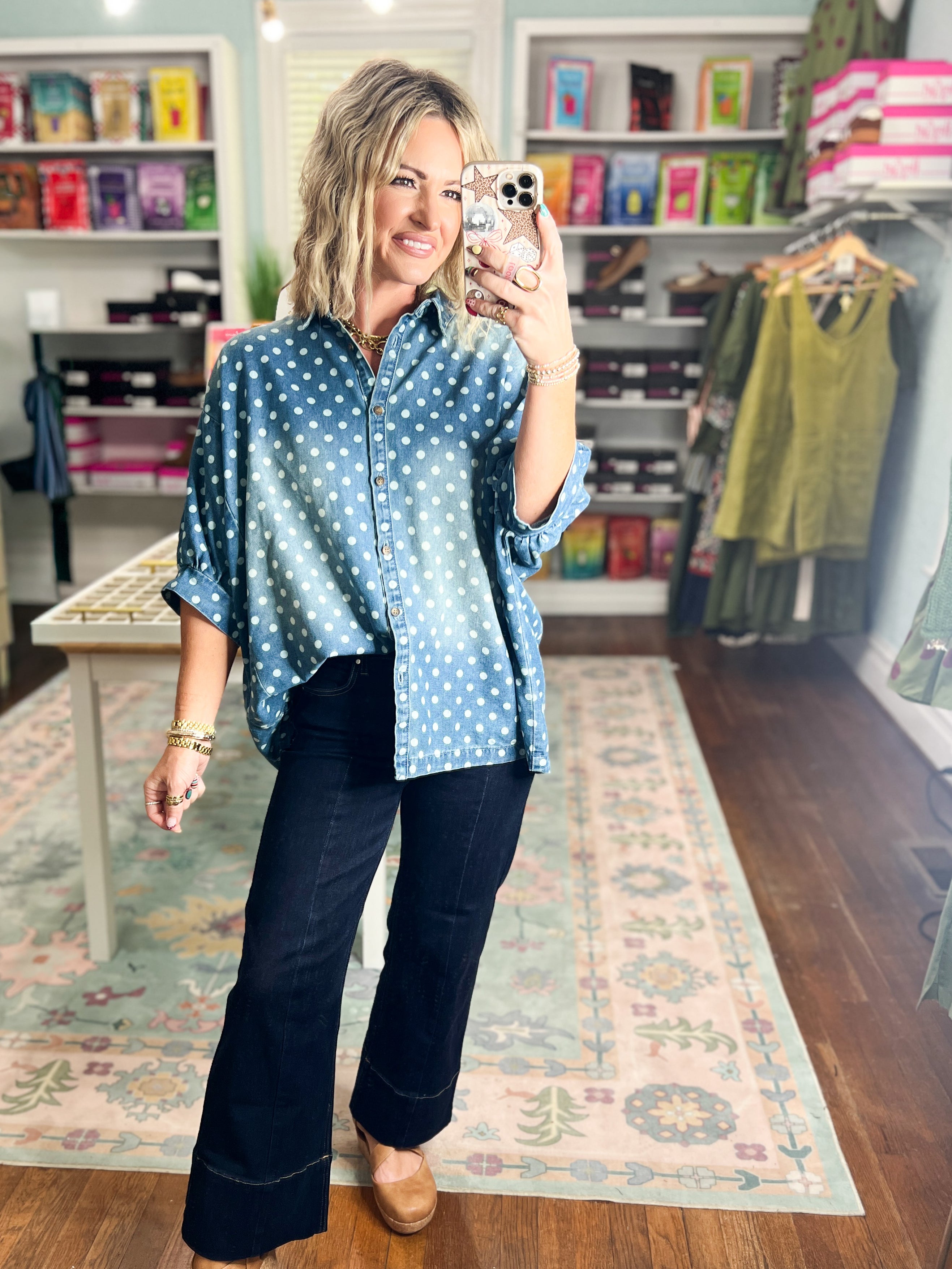 Light blue denim shirt with white polka dots, button-front placket and short sleeves