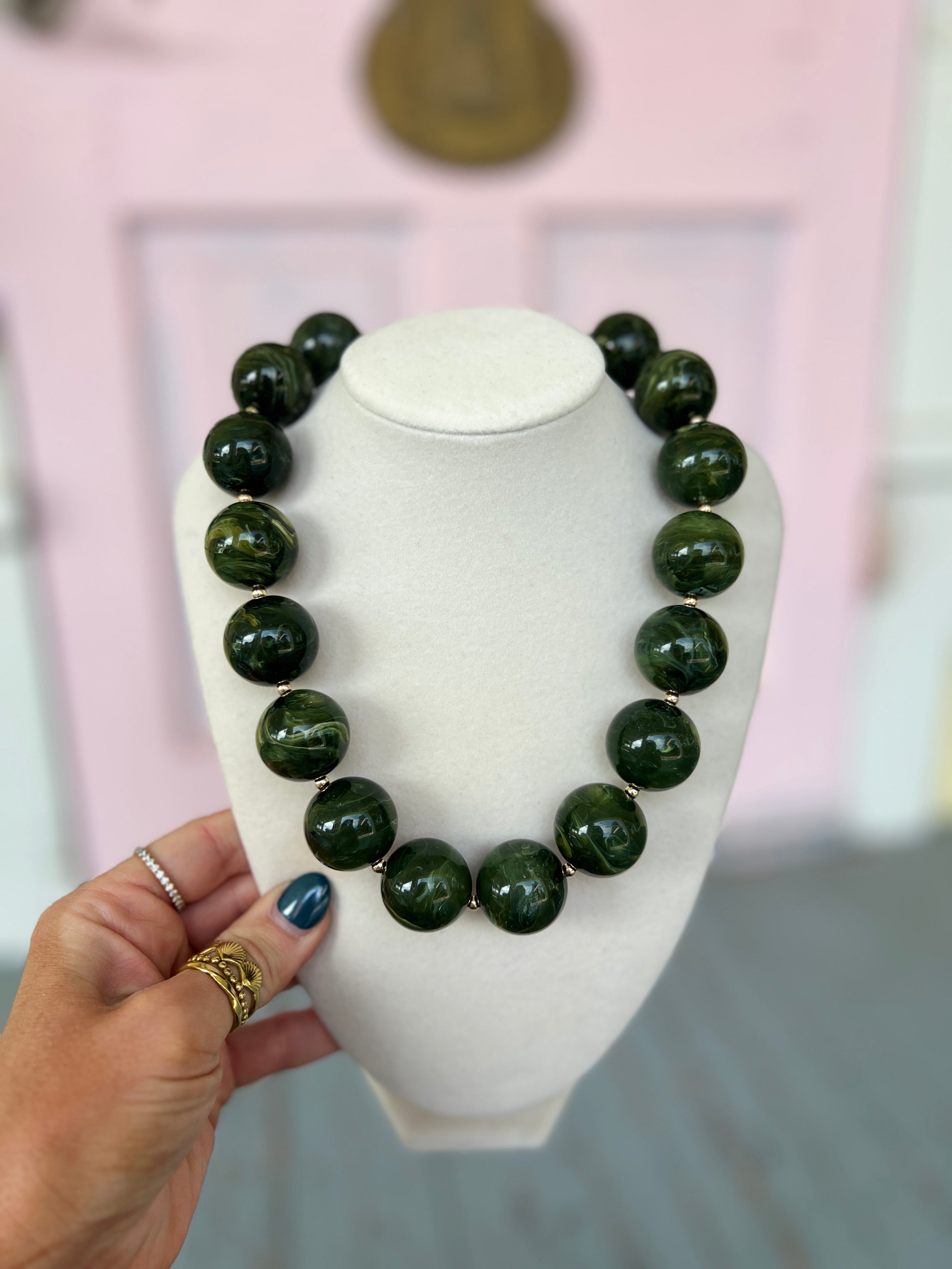 Olive marble acrylic bead necklace with round dark-green marbled beads