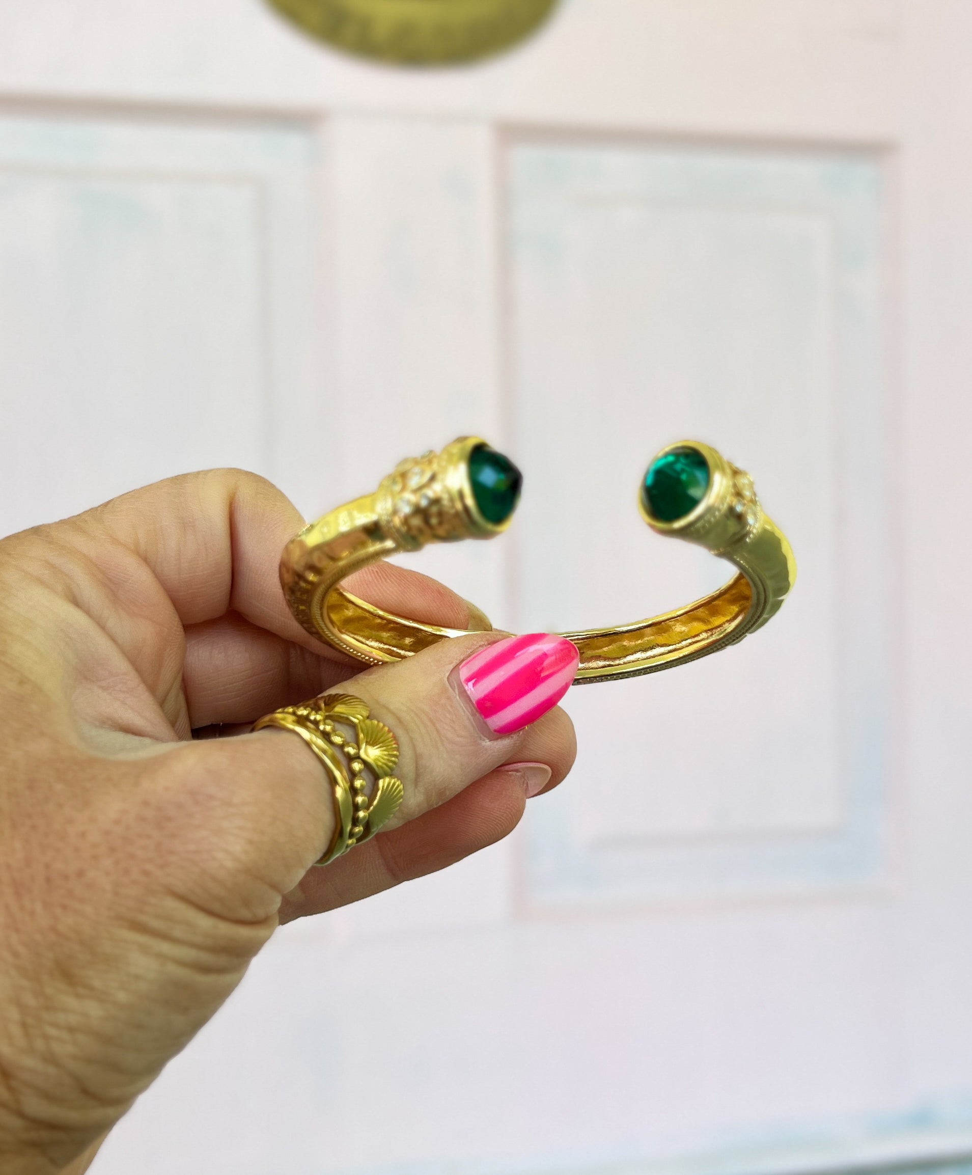 Jewel End Antique Cuff Bracelet- Lt. Emerald