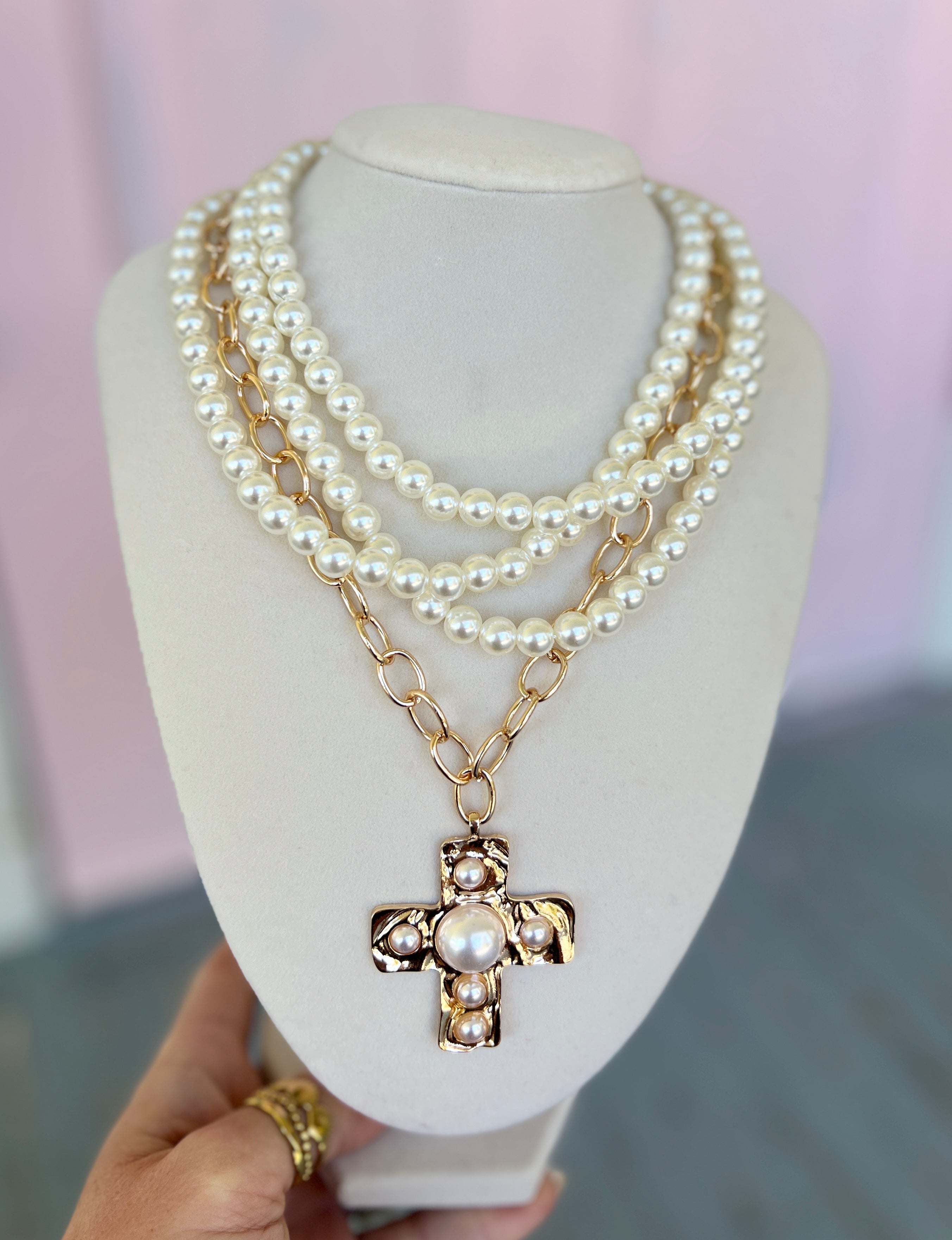 Pearl Cross & Multi Layered Necklace Set