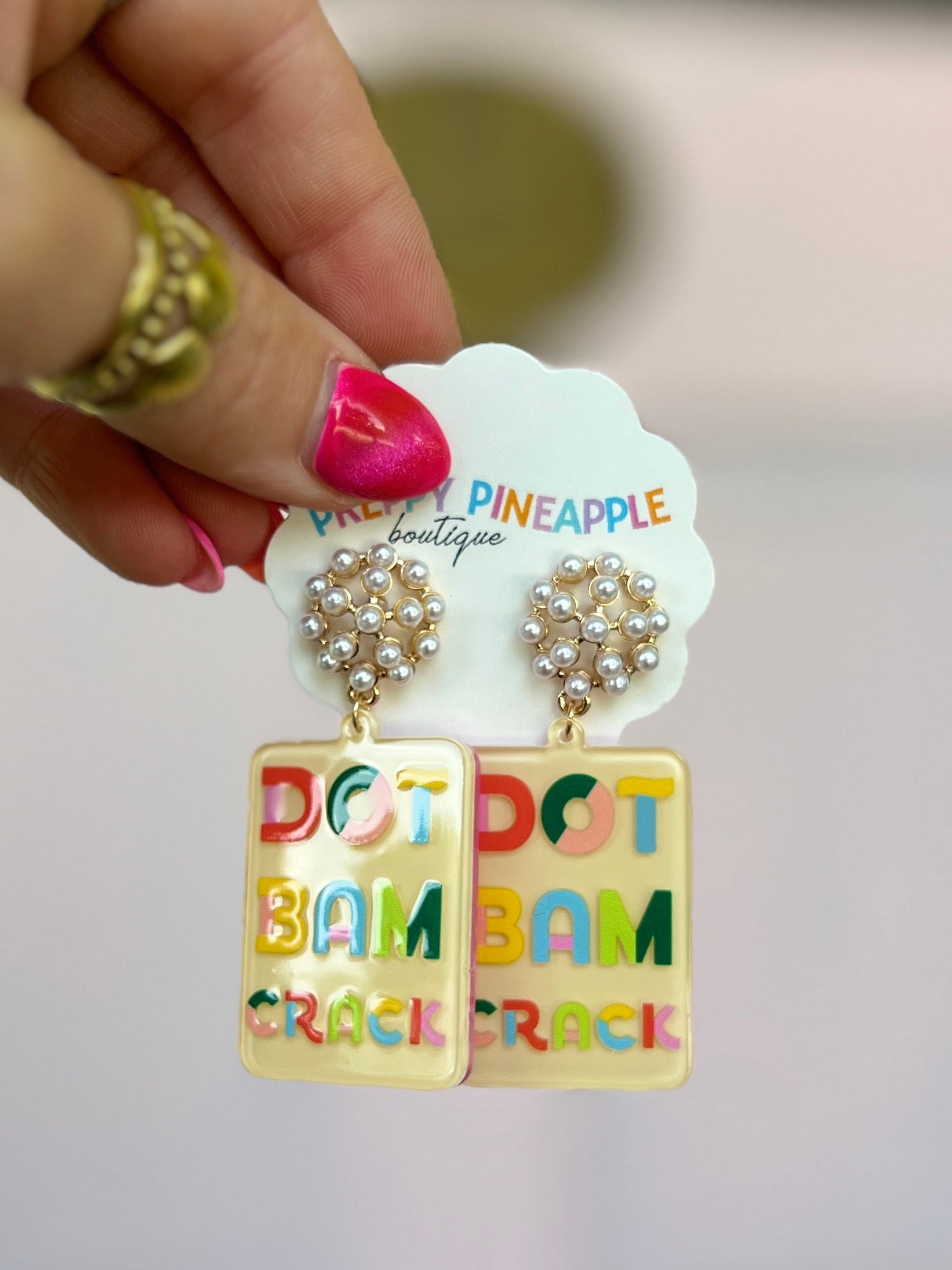 Colorful printed drop earrings with rhinestone tops and dangling rectangle charms