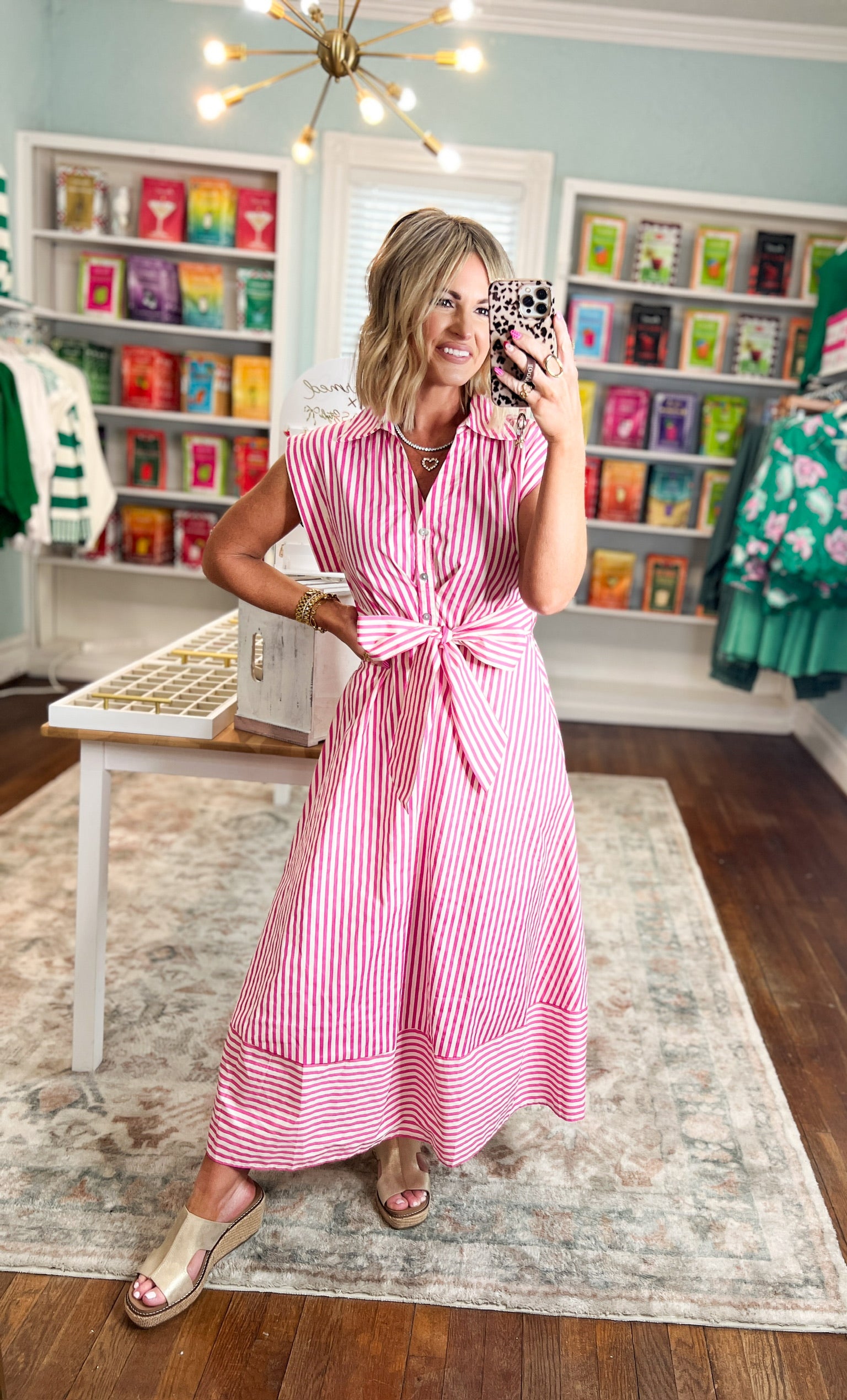 Let's Meet Later Striped Midi Dress - Pink