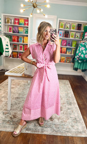 Let's Meet Later Striped Midi Dress - Pink