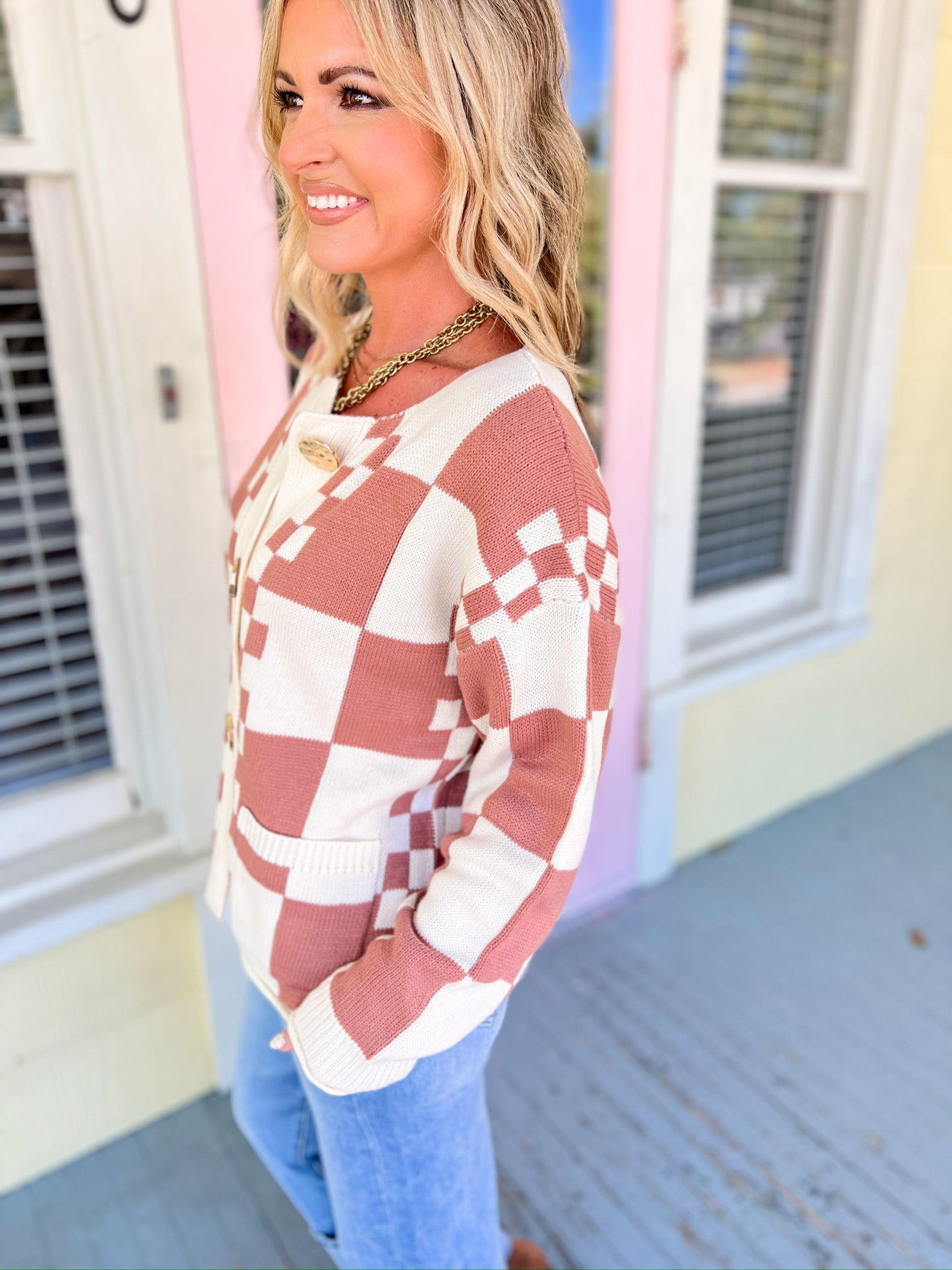 Checking It all Out Sweater Cardigan - Cream/Mauve