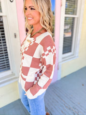 Checking It all Out Sweater Cardigan - Cream/Mauve
