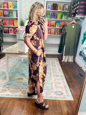 Golden Petals Floral Print Midi Dress