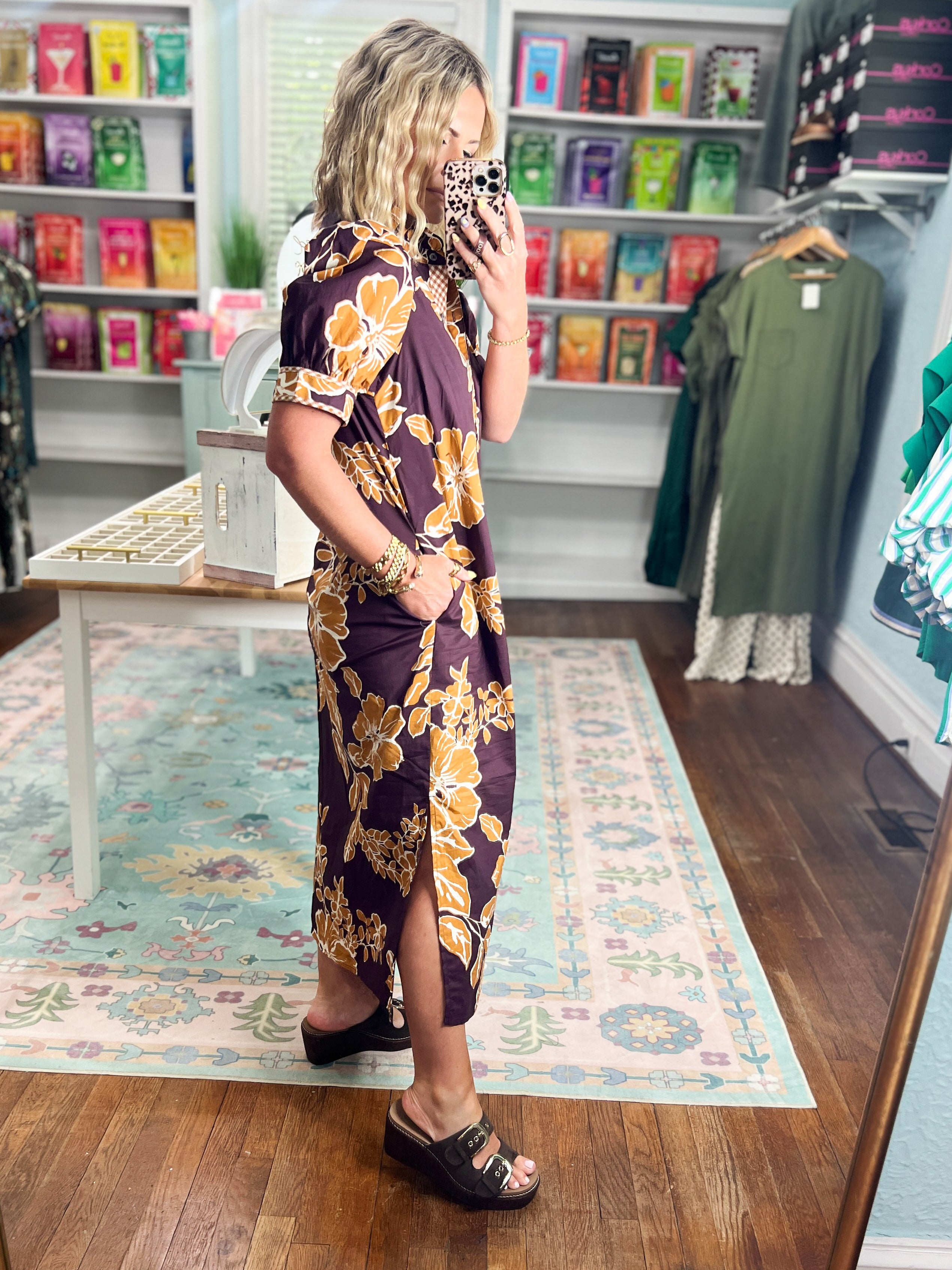 Golden Petals Floral Print Midi Dress