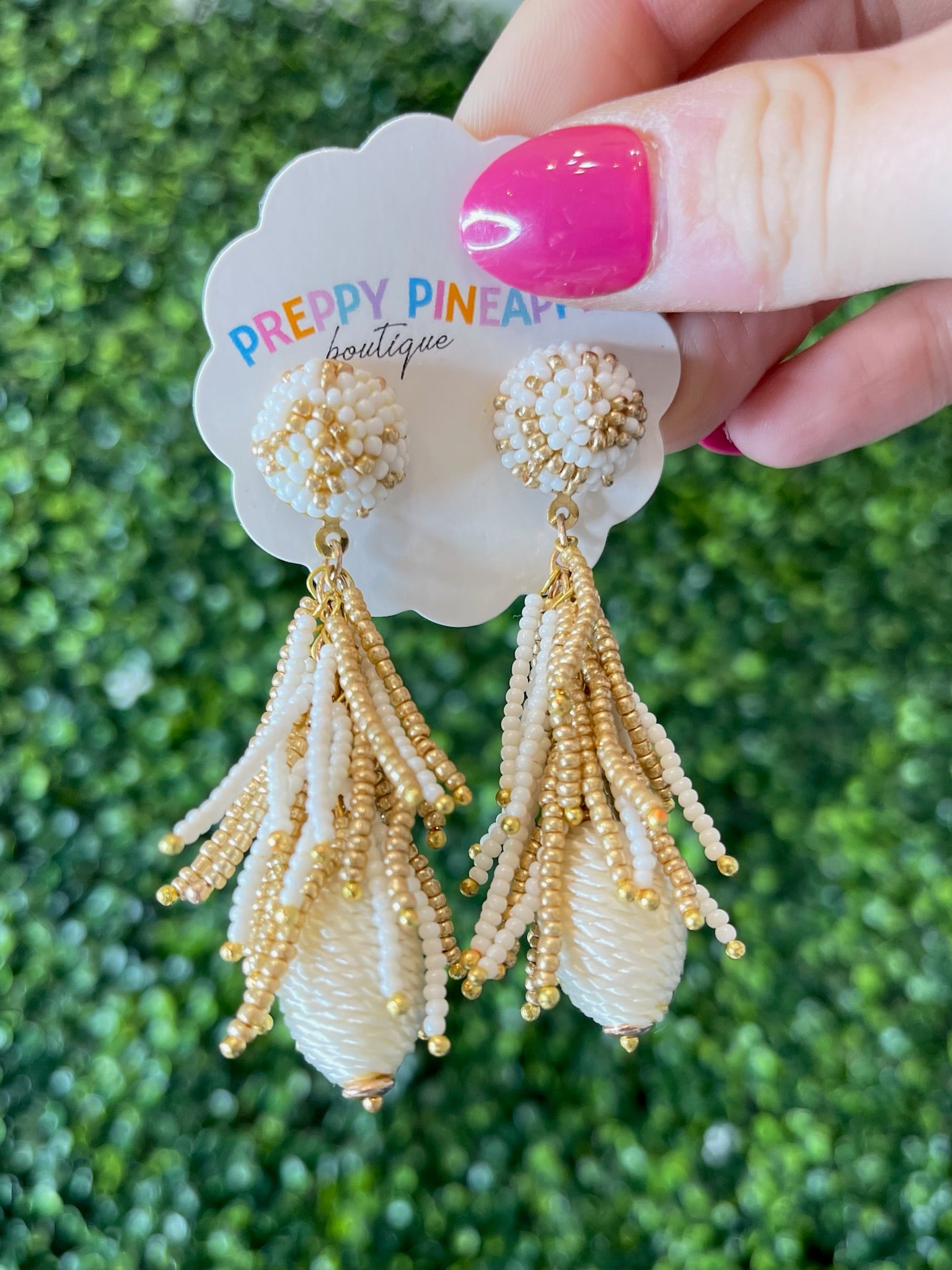 Bead Dome and Tassel Earrings- White