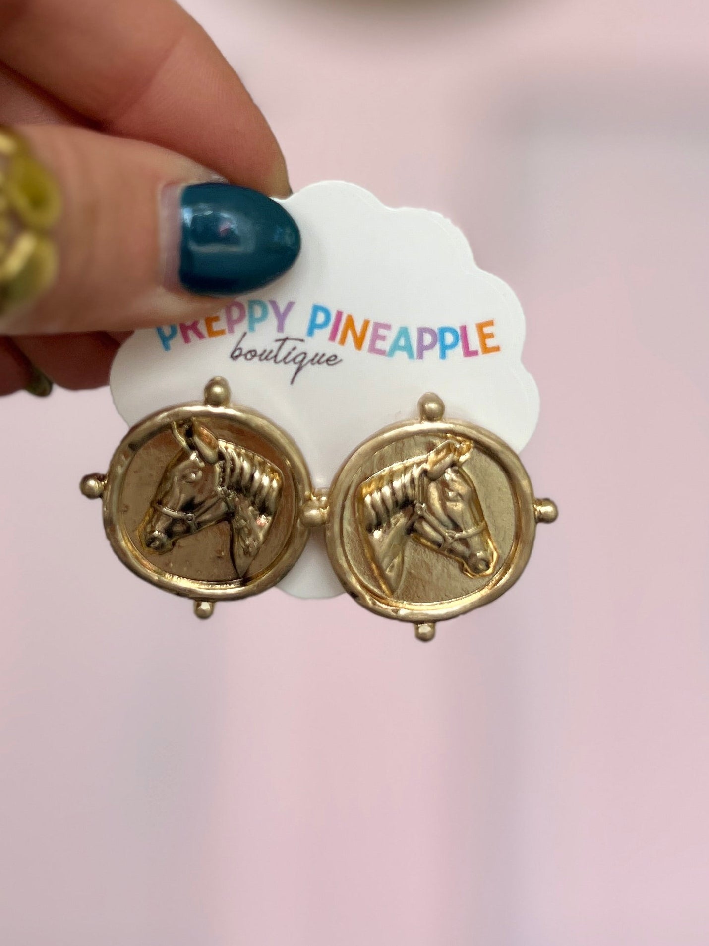Coin textured horse stud earrings, gold-tone round discs