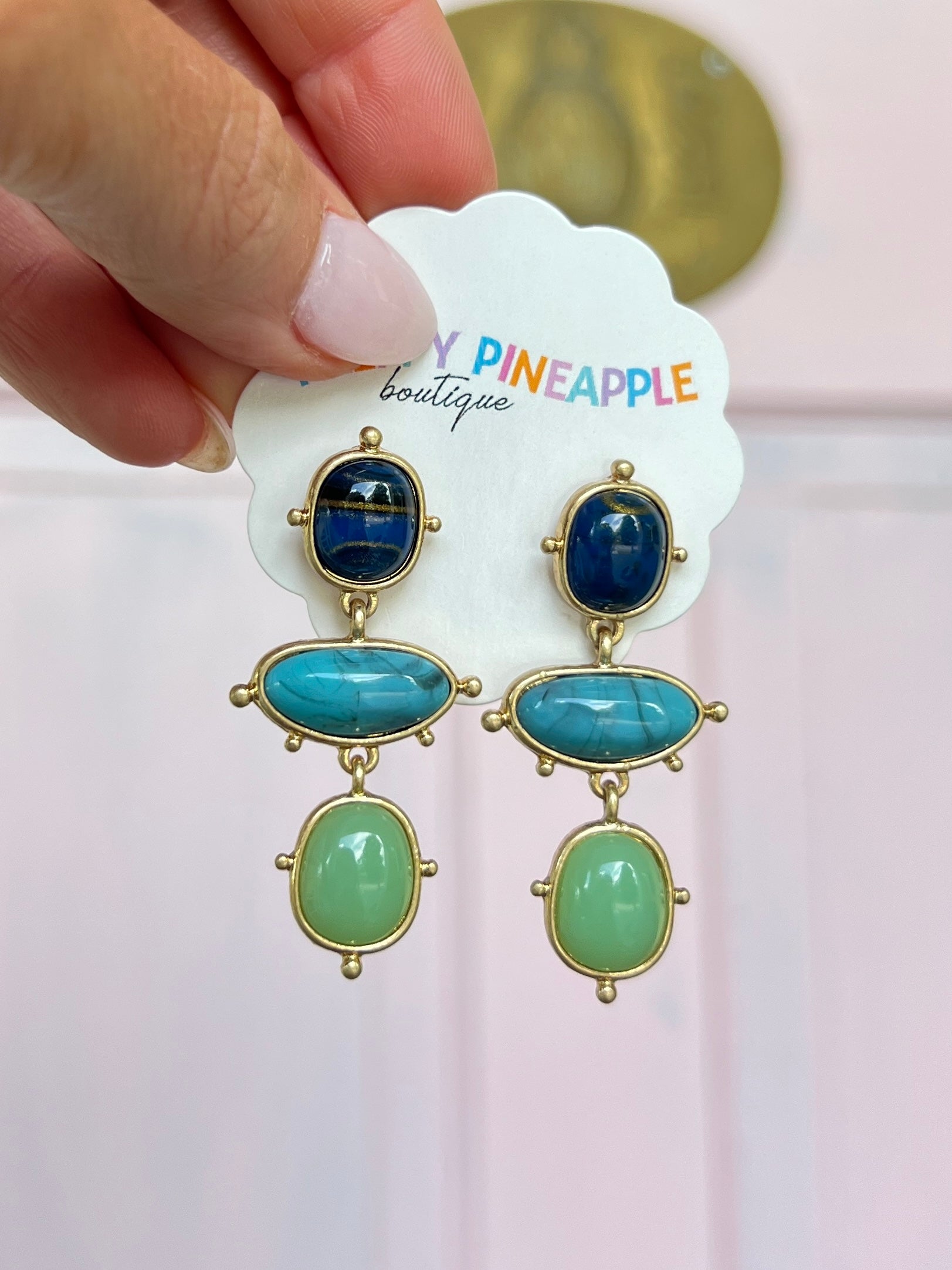 Oval Multi Stone Drop Earrings - Turquoise/Gold
