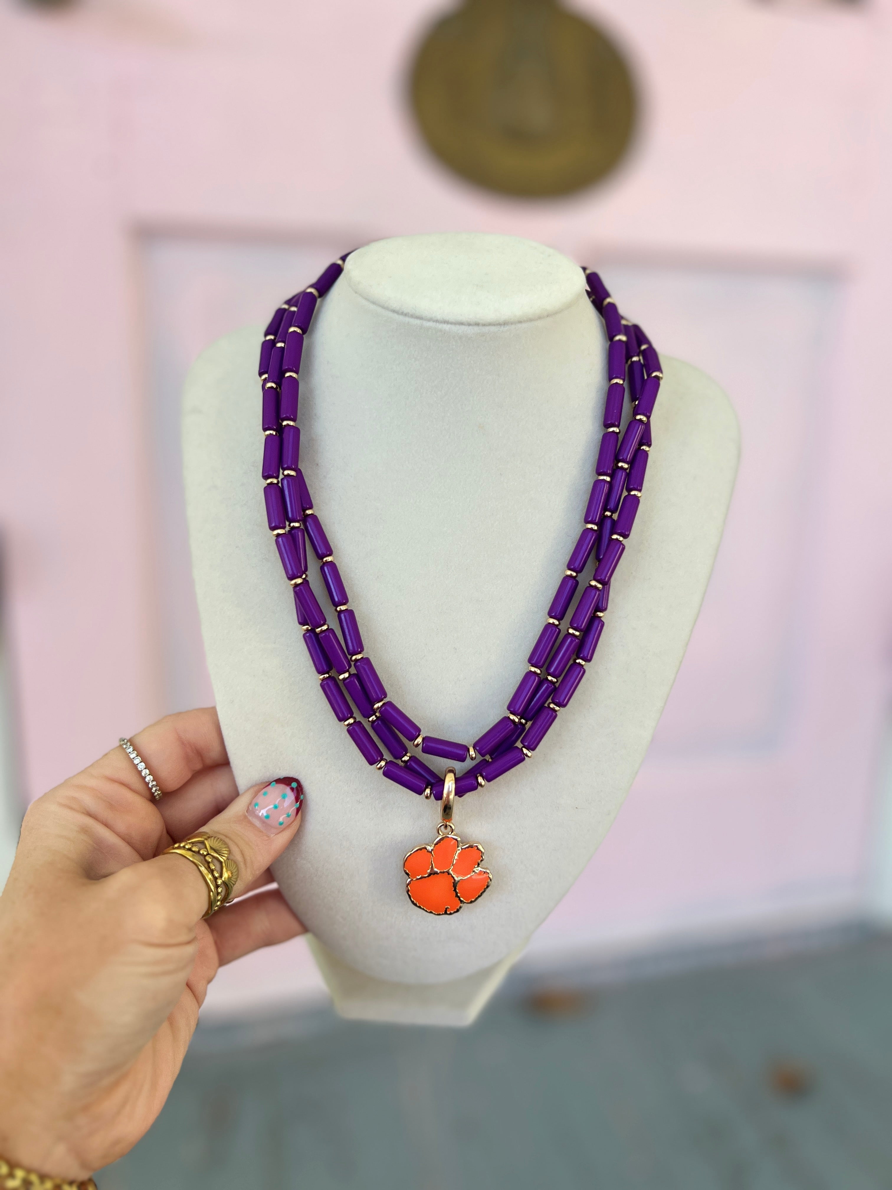 Clemson Multi-Strand Beaded Logo Necklace