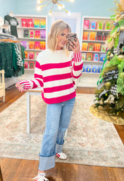 Sip in Style Stripe Sweater - Hot Pink