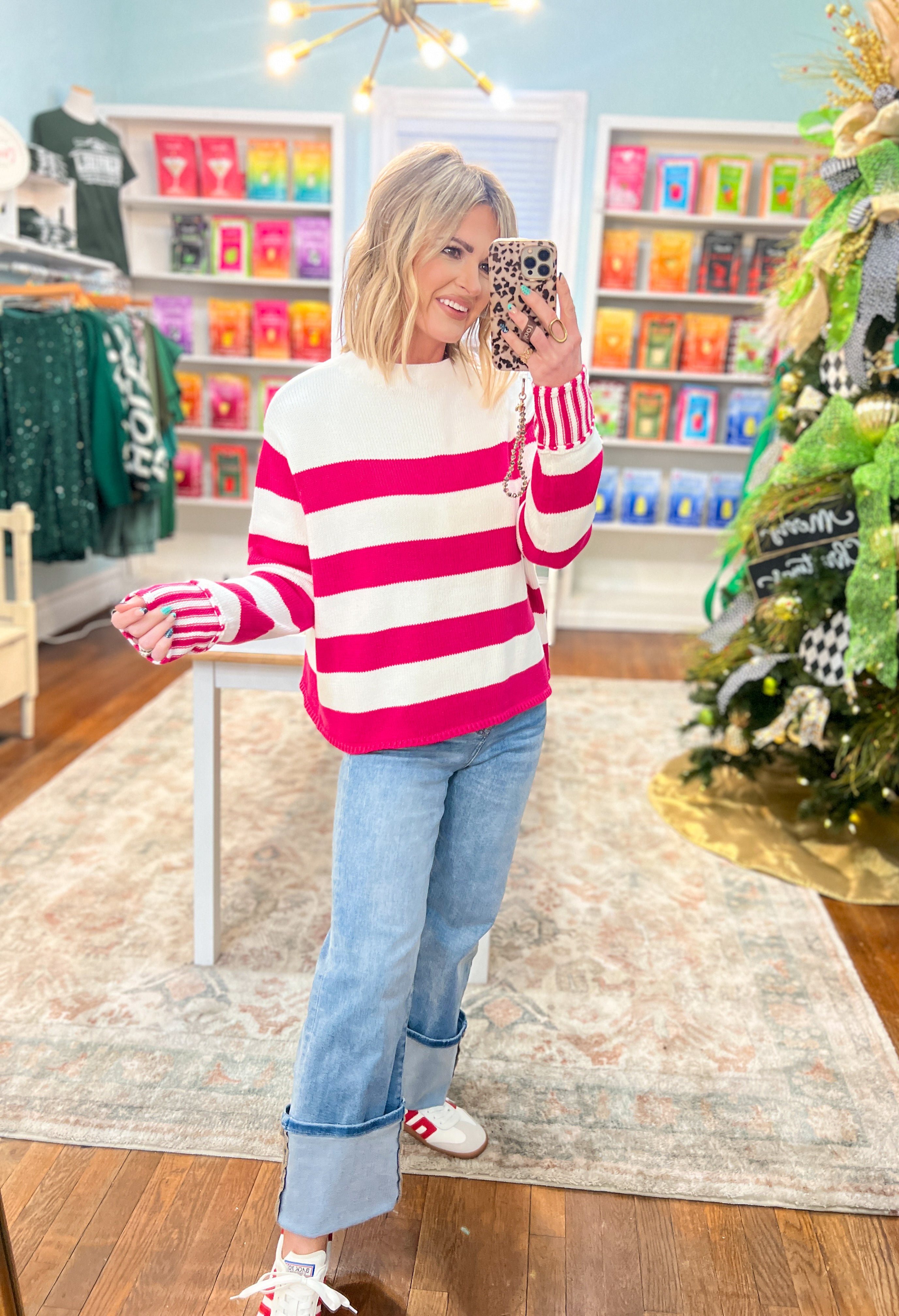 Sip in Style Stripe Sweater - Hot Pink