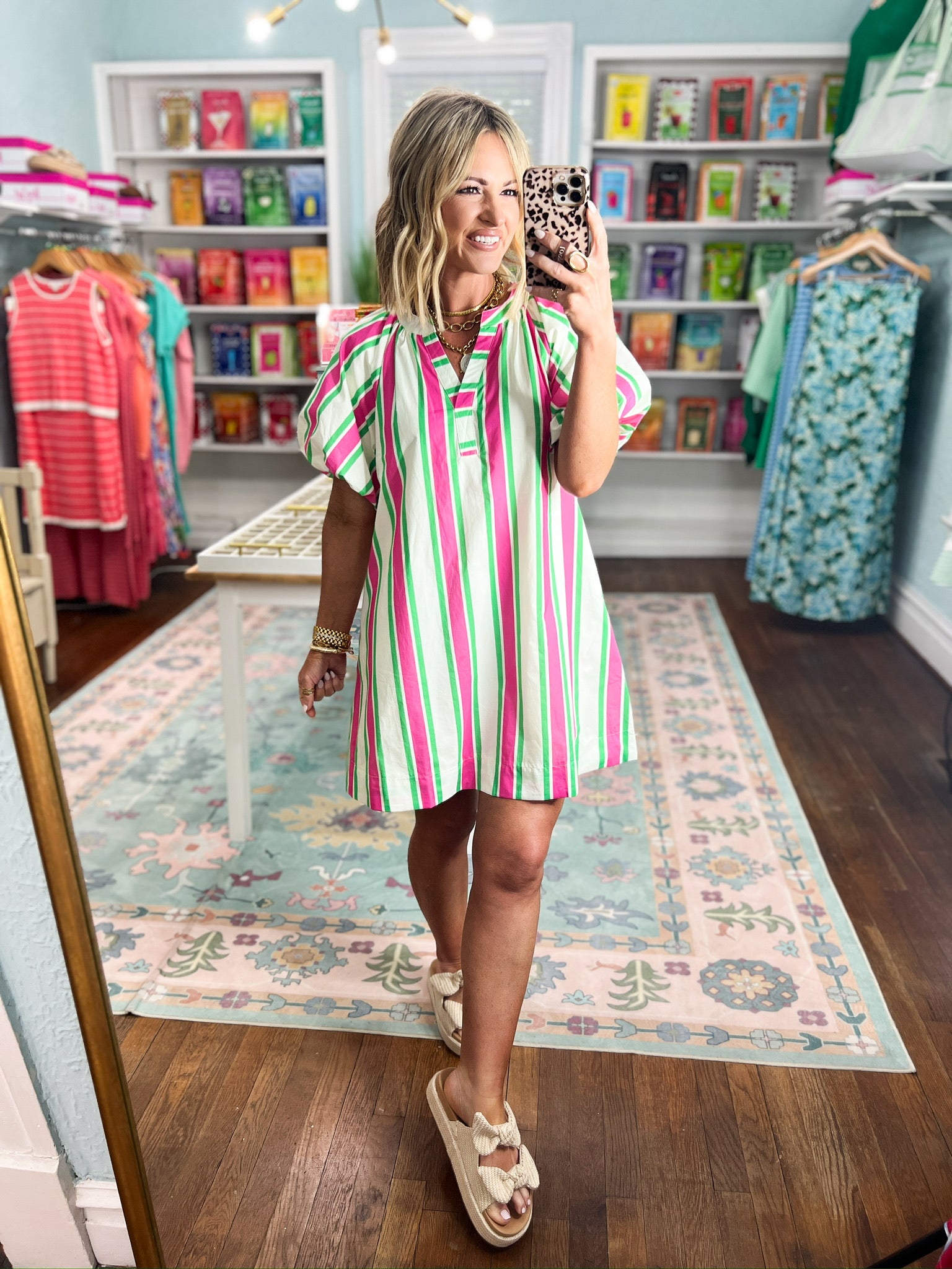 All Lined Up Mini Dress - Cream Green