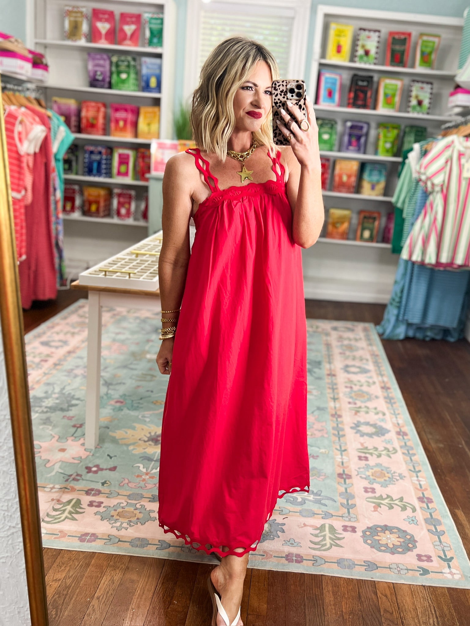 Careful Details Scolloped Strap Midi Dress - Red