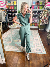 Effortlessly Simple Short Sleeve Jumpsuit - Sage