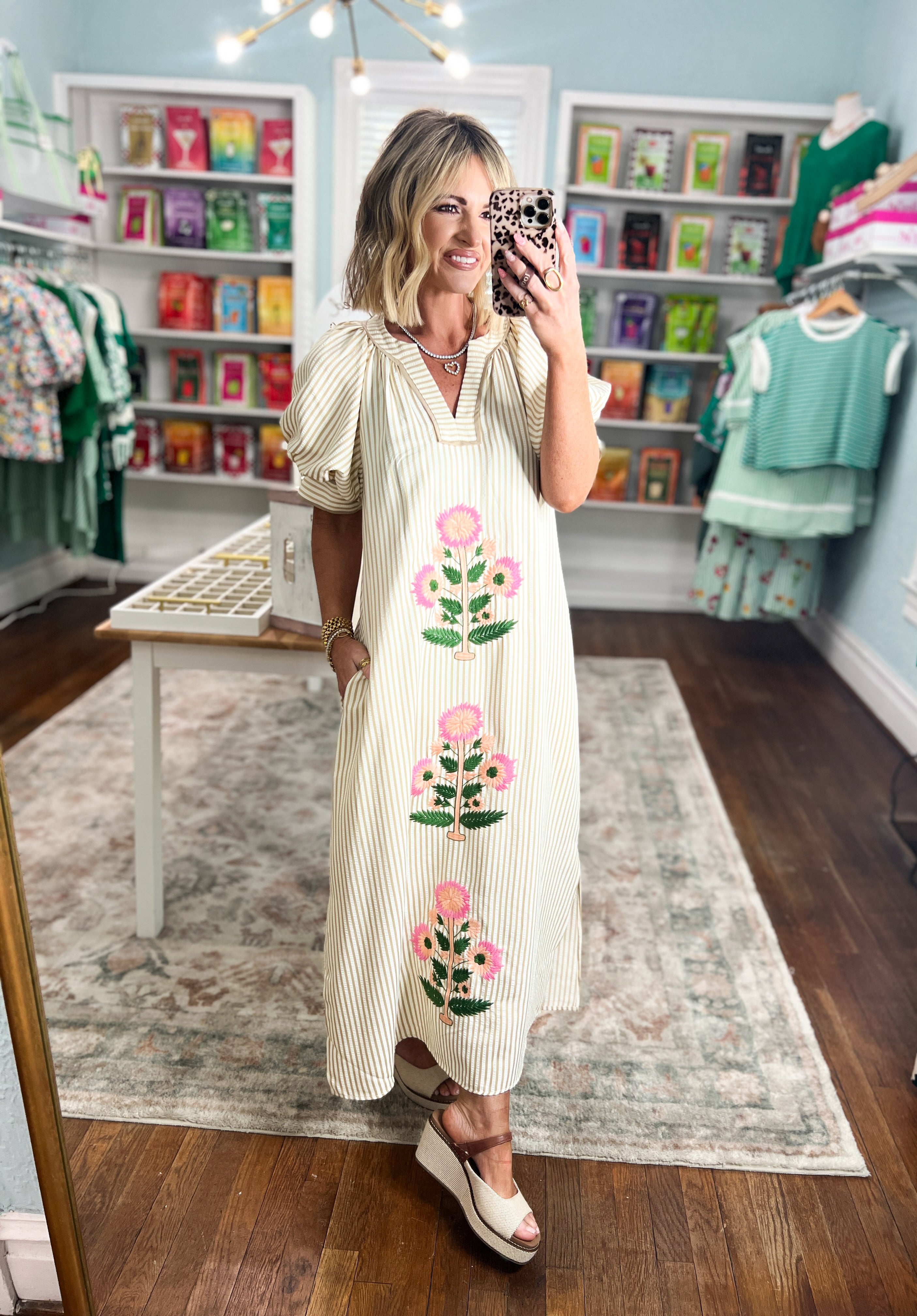 Bloom Bright Striped Midi Dress - Oatmeal