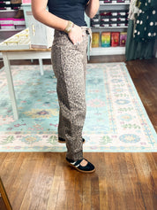 Risen | Slouchy Crop Barrel Pants with Waistband Drawstring and Eyelet Detail - Brown Leopard