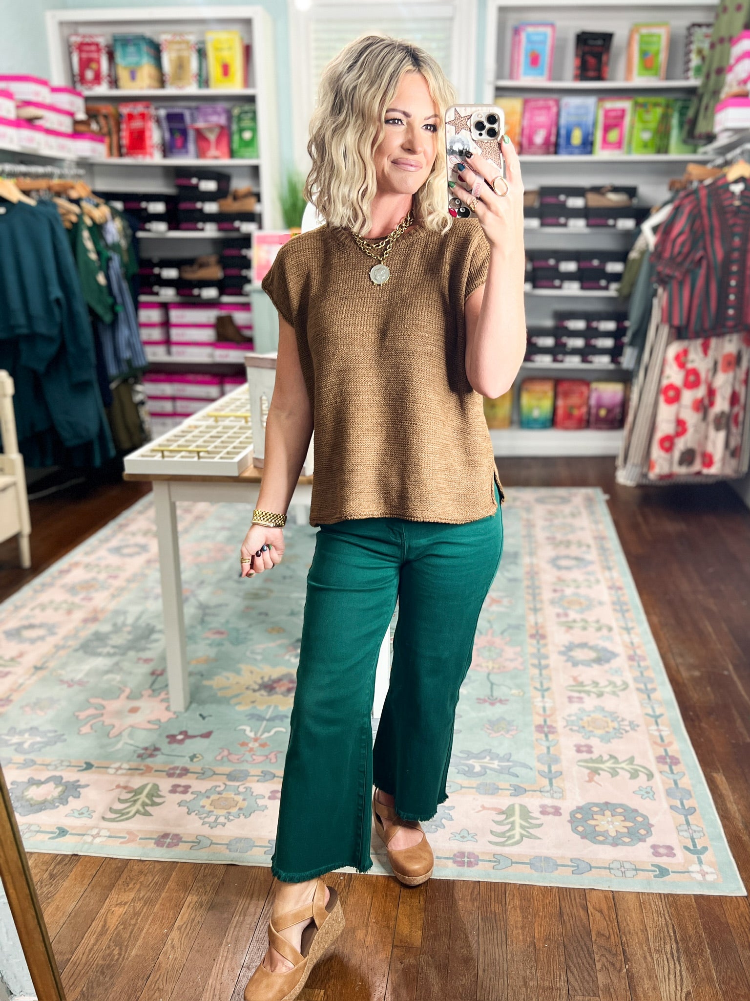 Deep camel crew neck short-sleeve top with easy fit and textured fabric