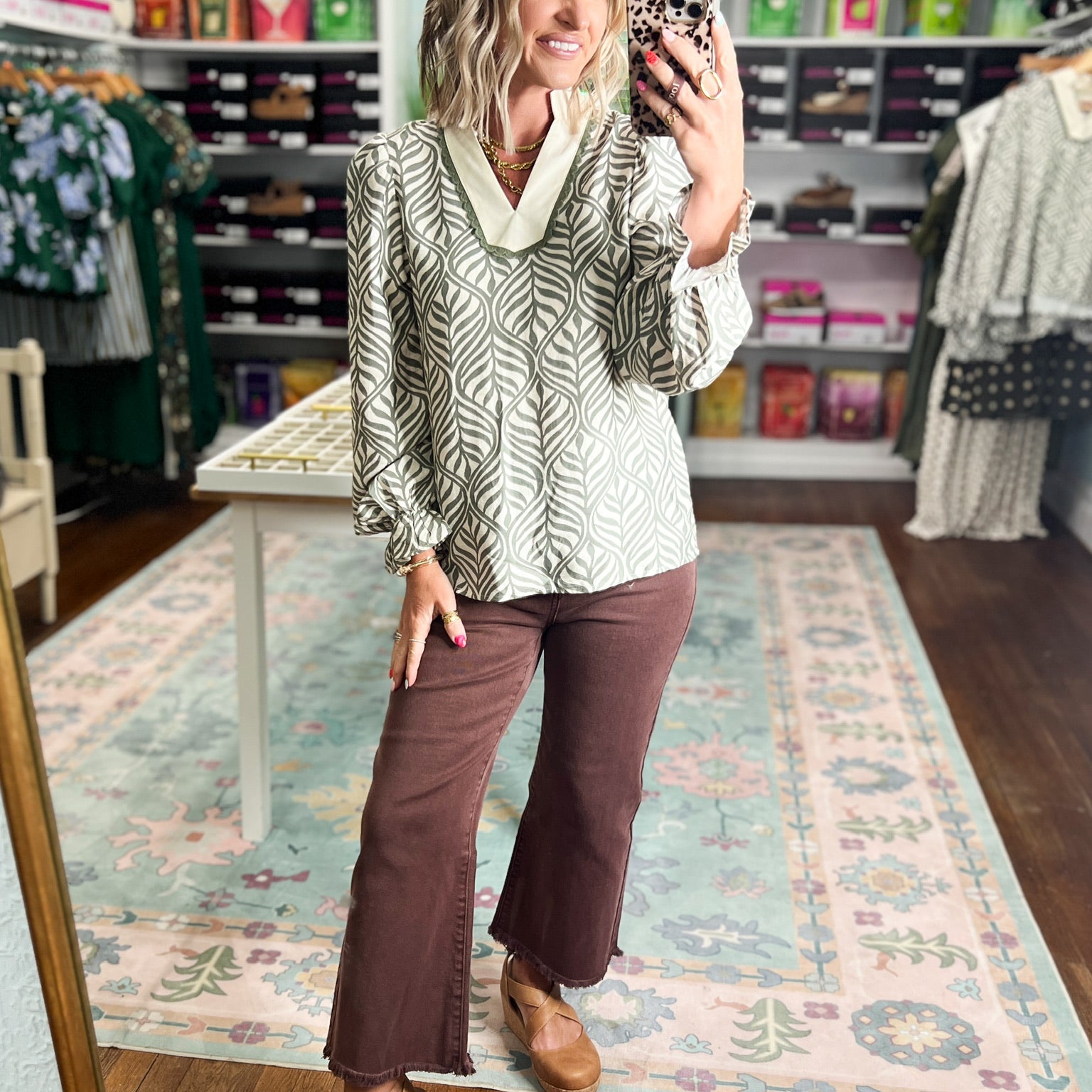 Women's sage botanical puff blouse, cream leaf pattern, V-neck and gathered cuffs