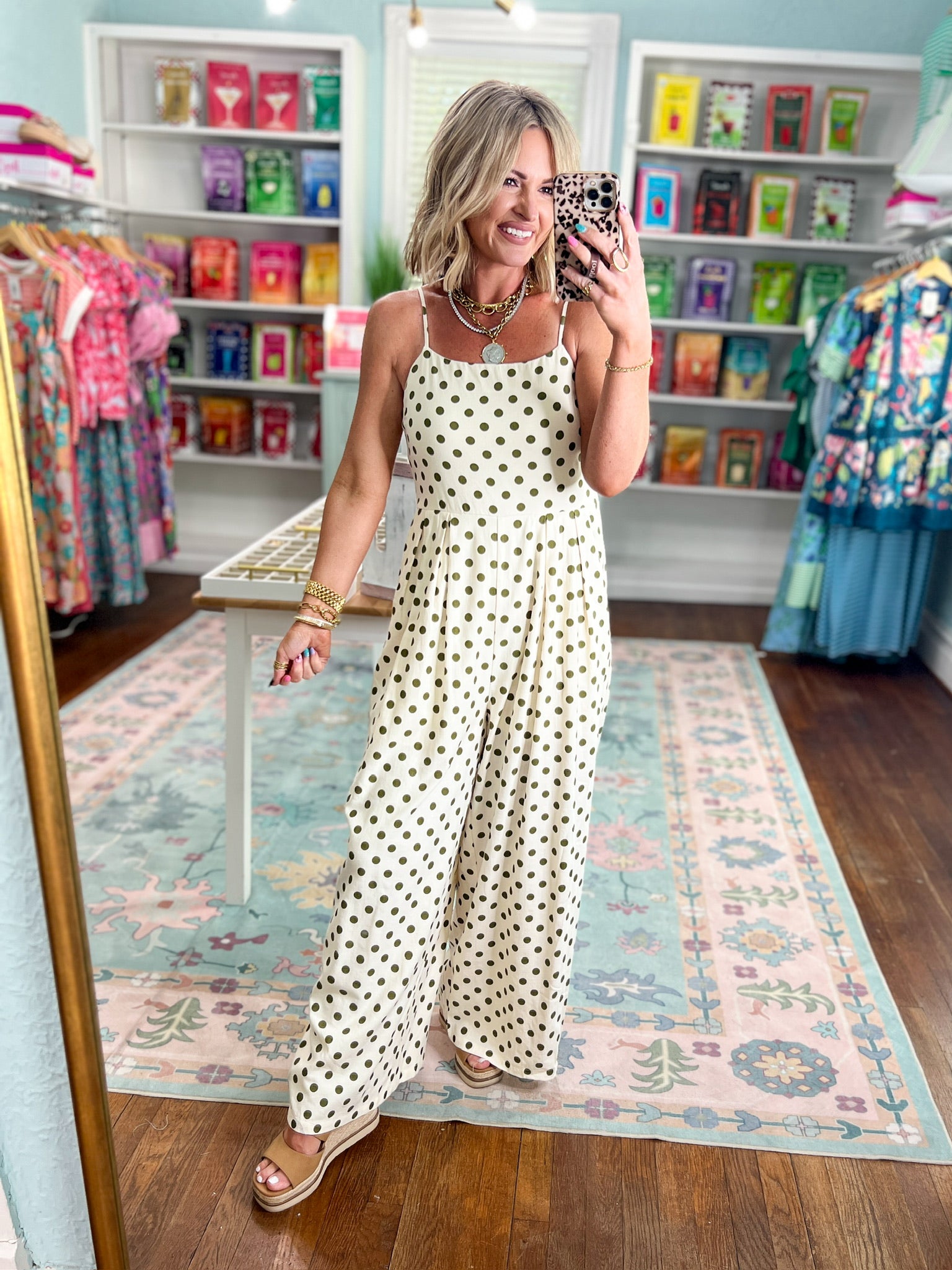 Timeless Polka Dot  Wide-Leg Jumpsuit - Cream/Moss