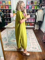 Martini olive midi shirt dress with short sleeves and buttoned placket