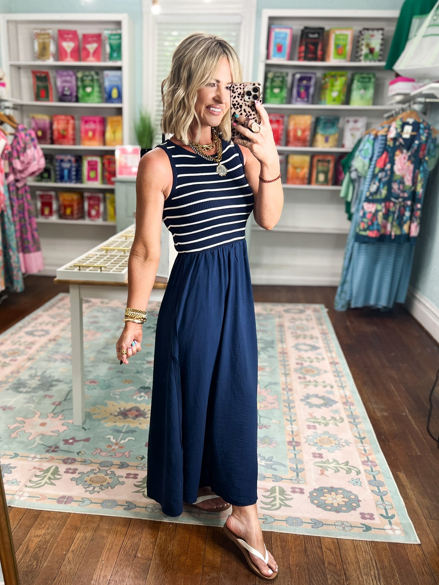 Let's See Mixed Media Midi Dress - Navy