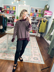 One of Those Days Striped Mock Neck Sweatshirt - Raspberry/Ecru