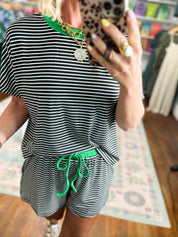 New Days Striped Knit Top and Shorts Set - Black/Green