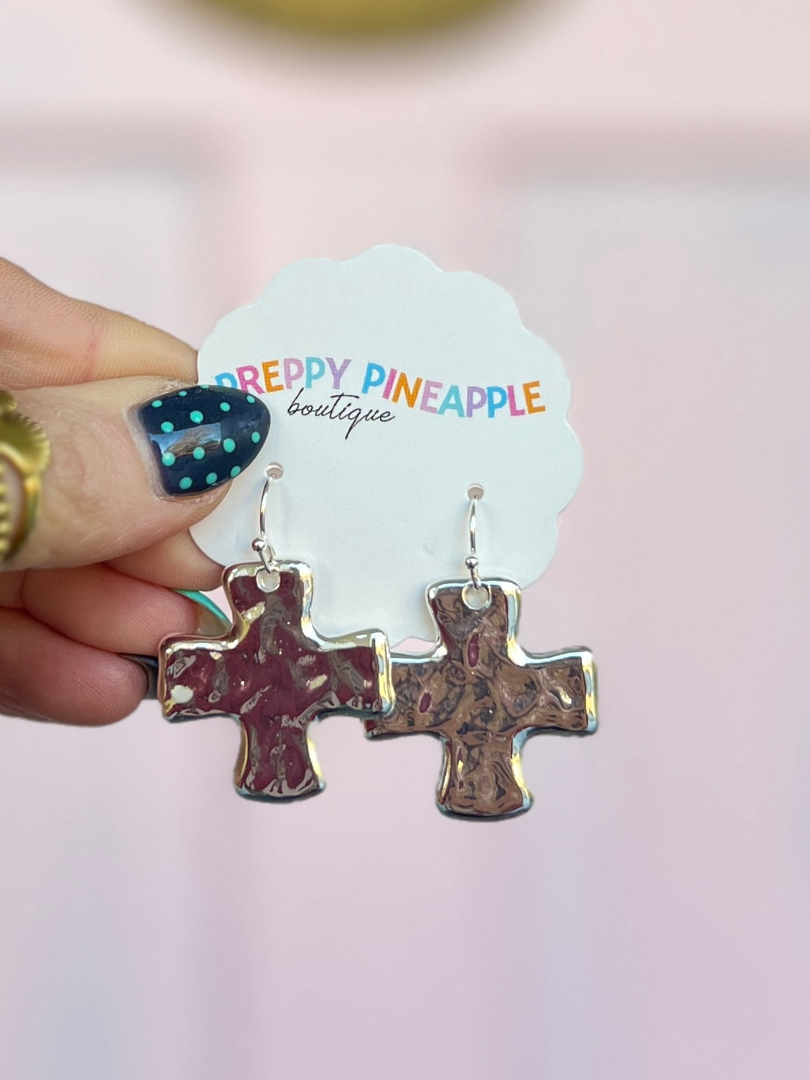 Hammered Cross Earrings - Silver