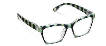 Orchid blossom and navy eyeglass frames with green-speckled pattern, full-rim