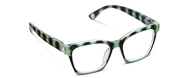 Orchid blossom and navy eyeglass frames with green-speckled pattern, full-rim