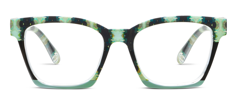Orchid blossom and navy eyeglass frames, green-speckled top rim, full-rim