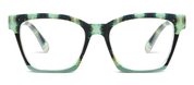 Orchid blossom and navy eyeglass frames, green-speckled top rim, full-rim