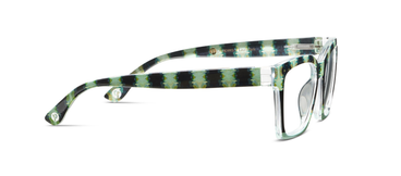 Orchid blossom and navy eyeglass frames with green-speckled arms, side view