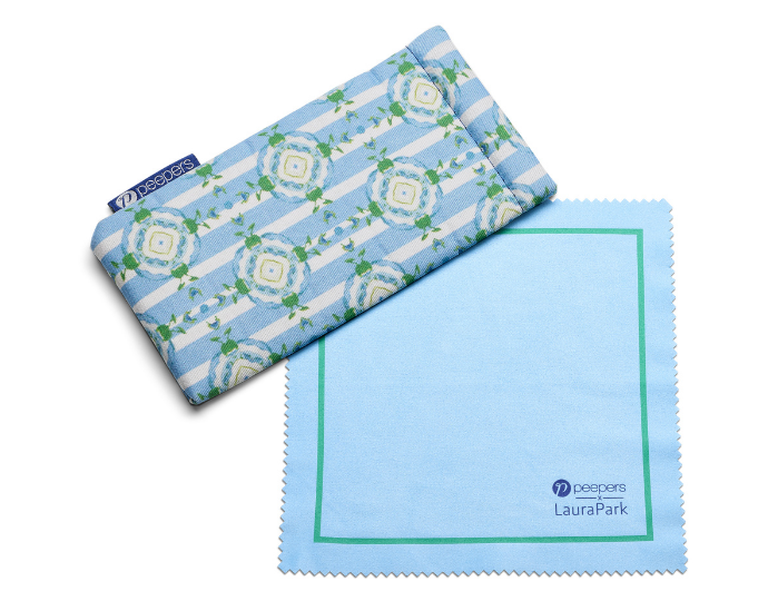 Green fabric eyeglass case and cleaning cloth with floral pattern, includes matching logo