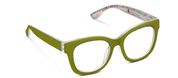 Green eyeglass frames with white lenses and multicolor patterned temple tips