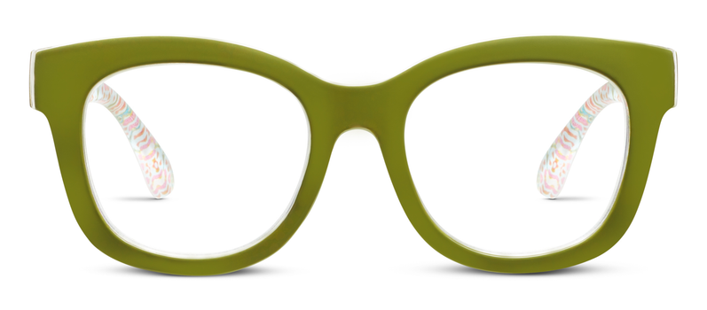 Green eyeglass frames with multicolor patterned inner arms, white lenses