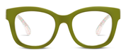 Green eyeglass frames with multicolor patterned inner arms, white lenses