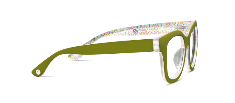 Green eyeglass frames angled view with multicolor patterned temple tips