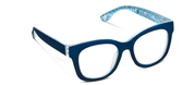 Navy eyeglasses with blue patterned temples and clear lenses, Peepers x Laura Park