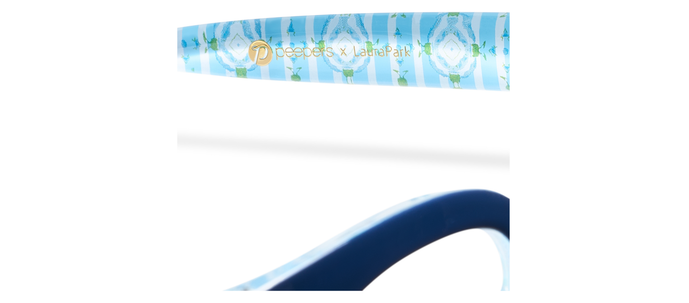 Blue patterned temple arm for navy eyeglasses with Peepers x Laura Park text detail