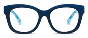 Navy eyeglasses with clear lenses and blue patterned temple tips