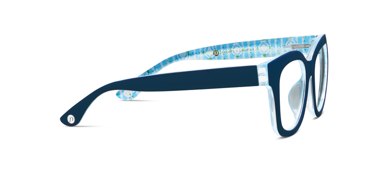 Navy eyeglass frame with blue patterned temple and clear lens, side profile