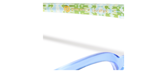 Light blue eyeglass temple with green printed pattern